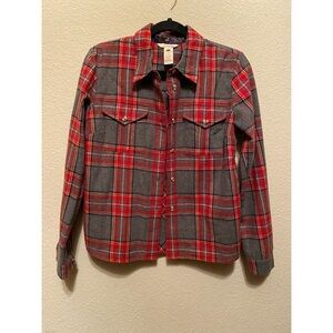 Sundance Red and Gray Wool Blend Plaid Button-Up Shirt With Back Lace Detailing